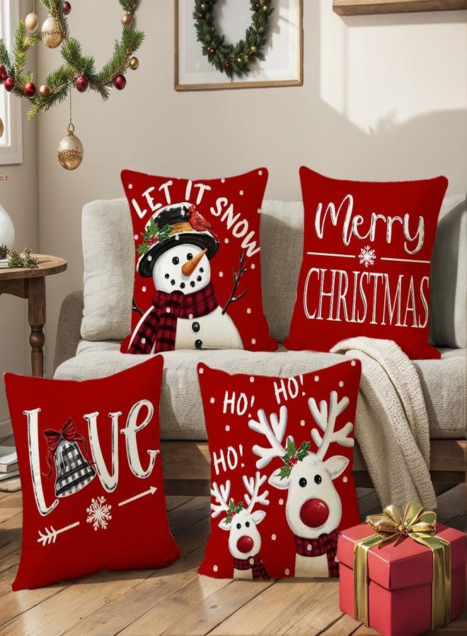 أغطية وسائد عيد الميلاد من PWMENLK، مقاس 18x18، طقم من 4 قطع - أغطية وسائد حمراء مزينة بزخارف العطلات، مناسبة للأريكة والشرفة، ديكور شتوي داخلي وخارجي، بنقوش احتفالية من ندفة الثلج والغزال وشجرة عيد الميلاد. - Image 5